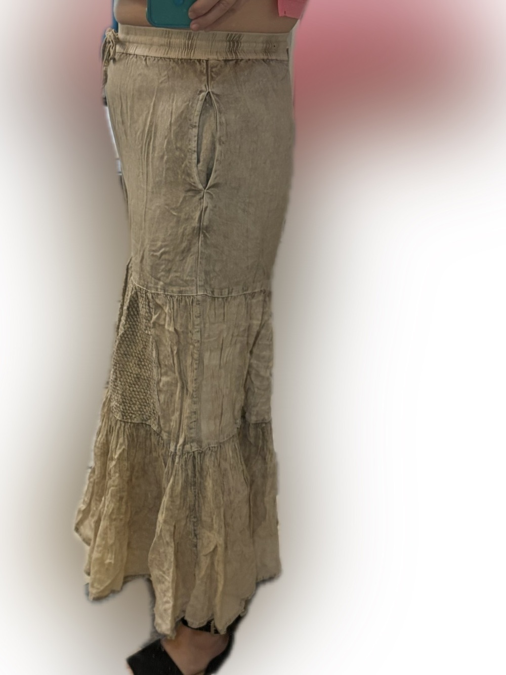 NWT- Tiered Wide-Leg Patchwork Pants - Latte Young Threads - Picture 9 of 14